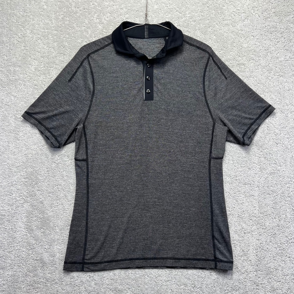 Lululemon Polo Shirt S/M??‎ Black Grey Heather Short Sleeve Performance Assert